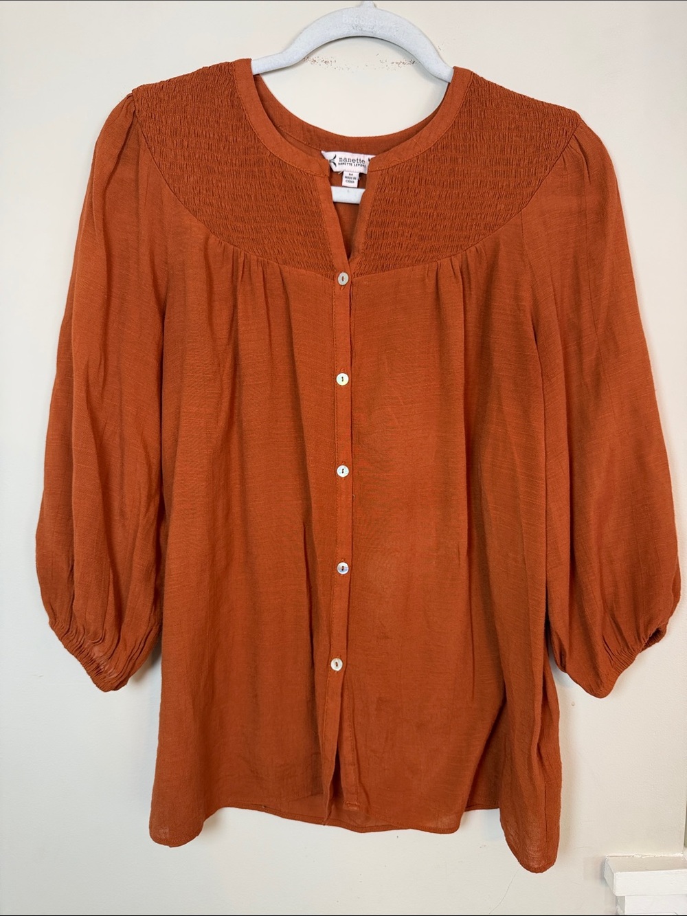 Nanette Lepore Cinnamon Button-Front Smocked Yoke Blouse. Size Medium